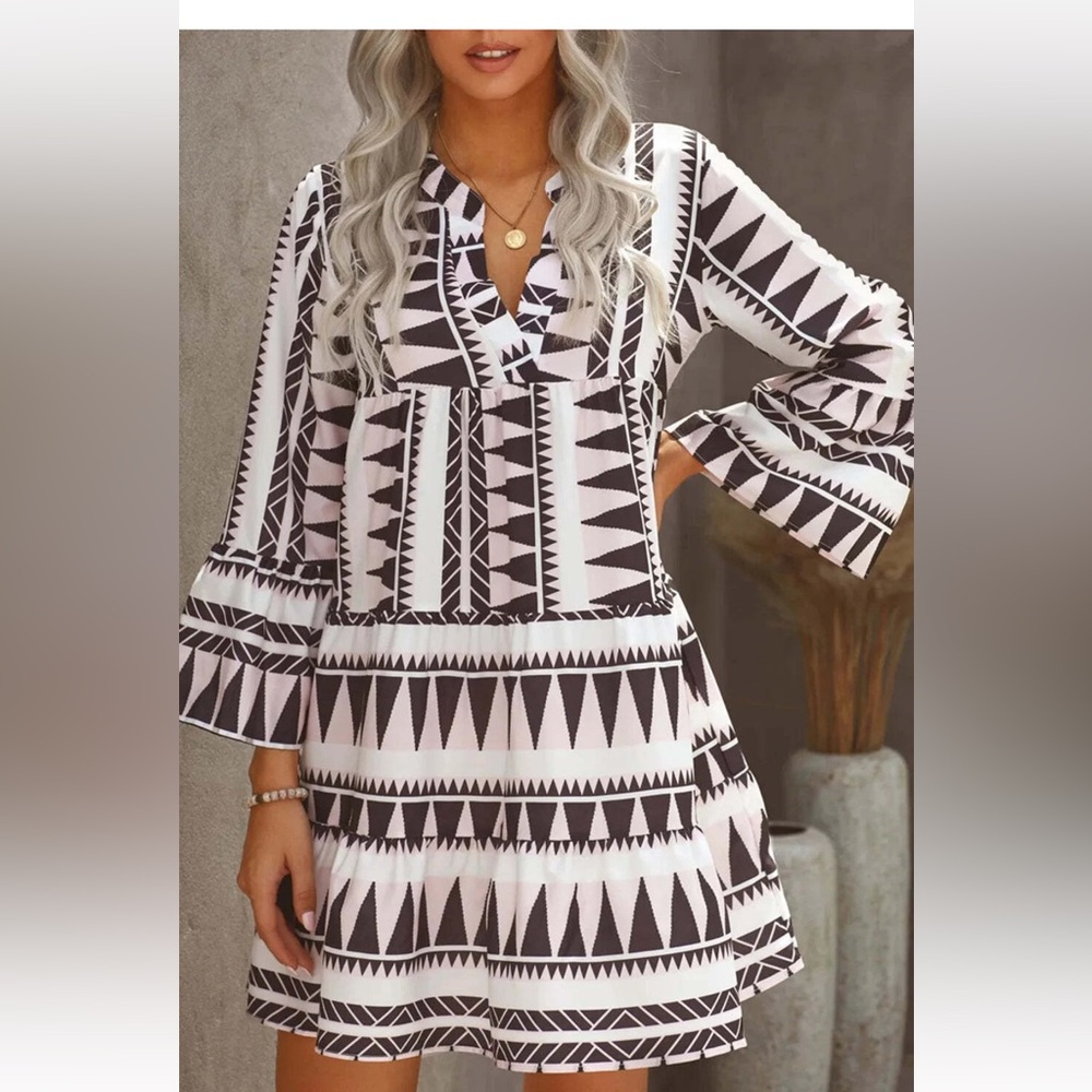 Women’s Boho V-Neck Flared Mini Dress Geometric Patterned Dress Tunic Size M